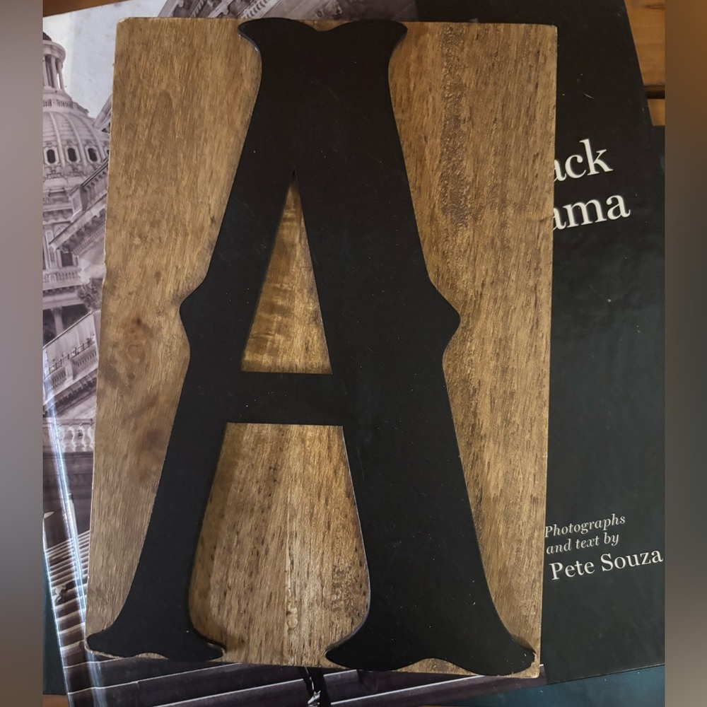 Decorative Wooden Block/Plaque Metal Letter A Wall Accent- Black on Natural Wood